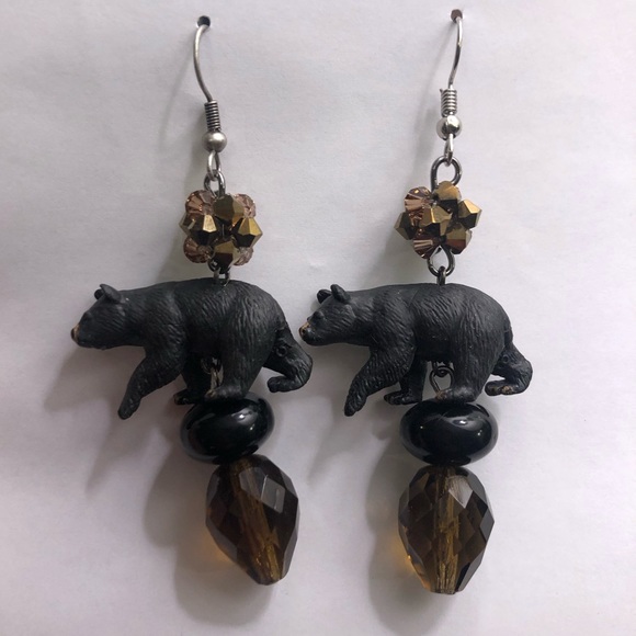Wild black bear tiny mini crystal earring brown - Picture 1 of 3